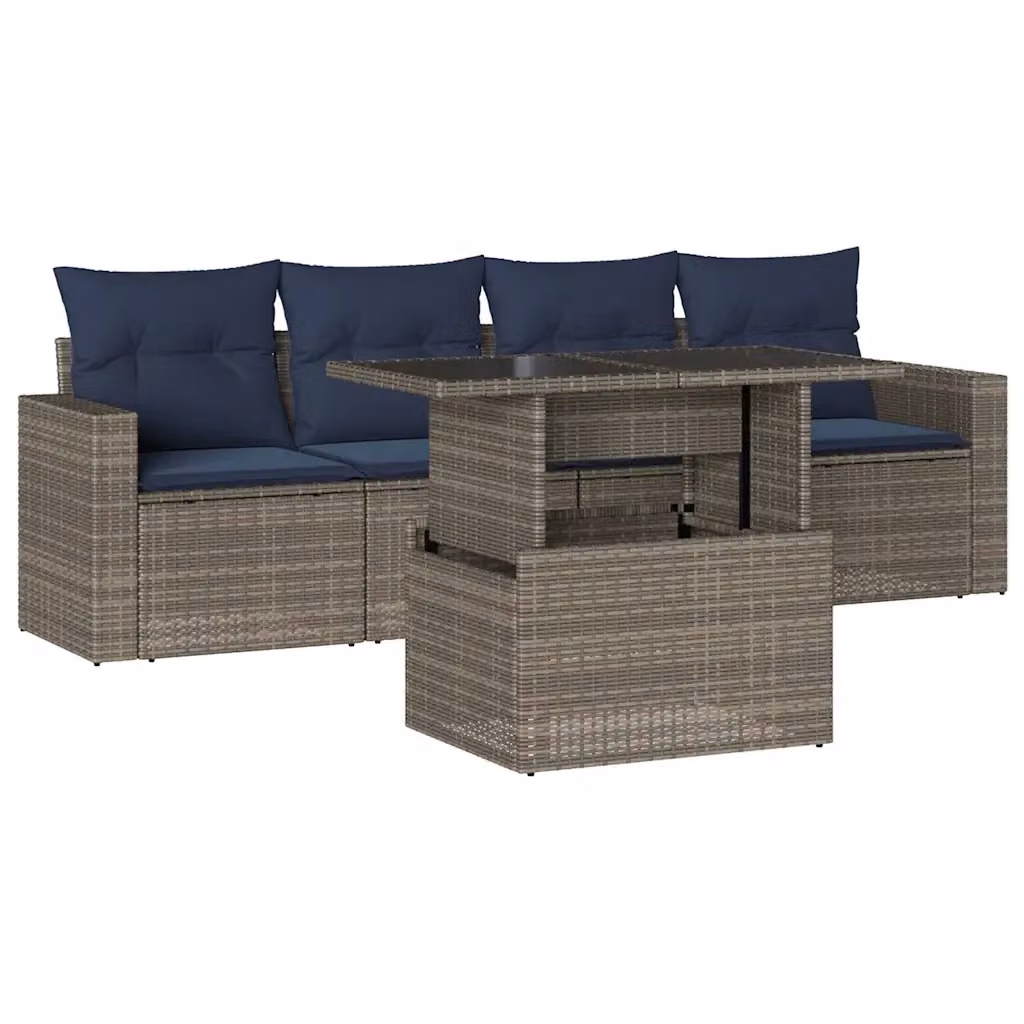 Set da giardino vidaXL in polyrattan composto da 5 pezzi con cuscini grigi e blu e tavolino da esterno – 2