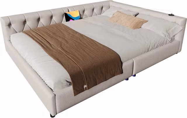 Letto a Divanetto Moderno in Lino Beige con Porte USB, Type-C e Luci LED Regolabili L/P/H: 140 x 200 x 153 cm