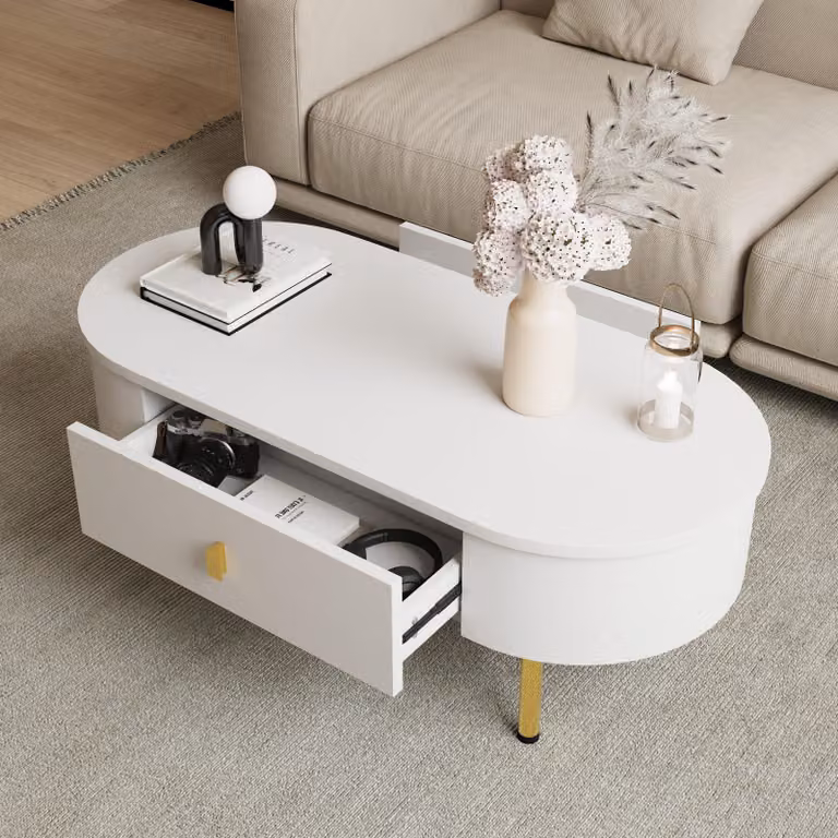 Tavolino Merax con 2 cassetti, maniglie e gambe dorate, tavolo da soggiorno moderno con angoli curvi, tavolino in MDF, bianco + oro