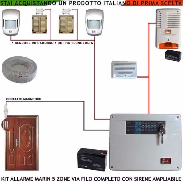 Kit Impianto Antifurto Securvera Marin Centrale 5 Zone Bianco con 2 Sensori di Movimento, 2 Contatti Magnetici, 1 Contatto per Infissi Metallici, Sirene Interne ed Esterne Lampeggianti e 2 Chiavi