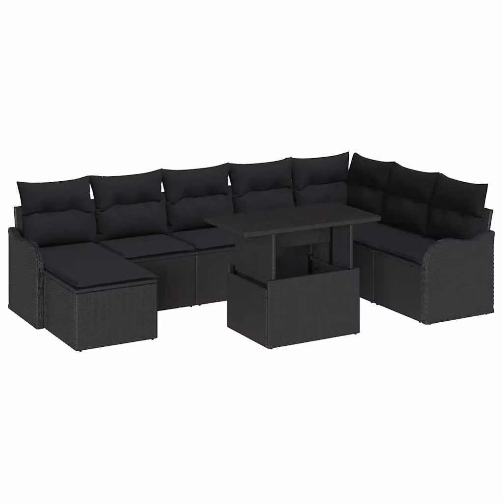 Set Divano da Giardino vidaXL 9 pz Nero con Cuscini e Tavolino in Rattan e Acciaio – 2