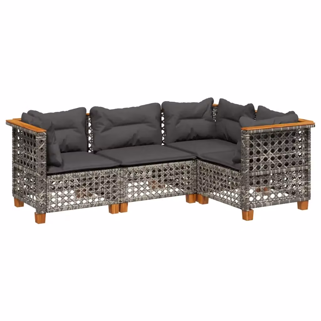 vidaXL Set Divani da Giardino 4 pz a L in Polyrattan e Legno di Acacia Grigio con Cuscini Inclusi – 2