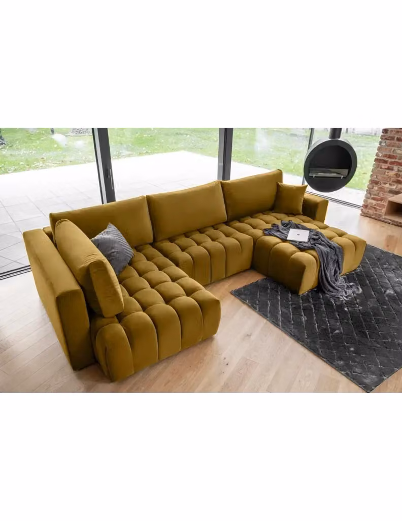Divano ad angolo BONITA MEUBLORAMA convertibile 6 posti giallo in tessuto con funzione letto e poggiatesta regolabile, lato destro, L 350 cm x P 175 cm – 2