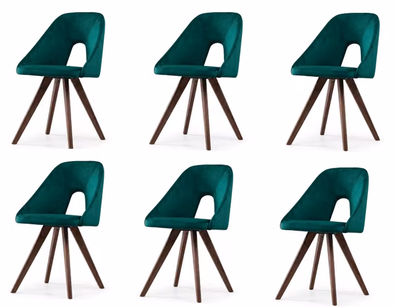 Set di 6 moderne sedie da pranzo, rivestite in velluto verde, con gambe a treppiede, in stile scandinavo
