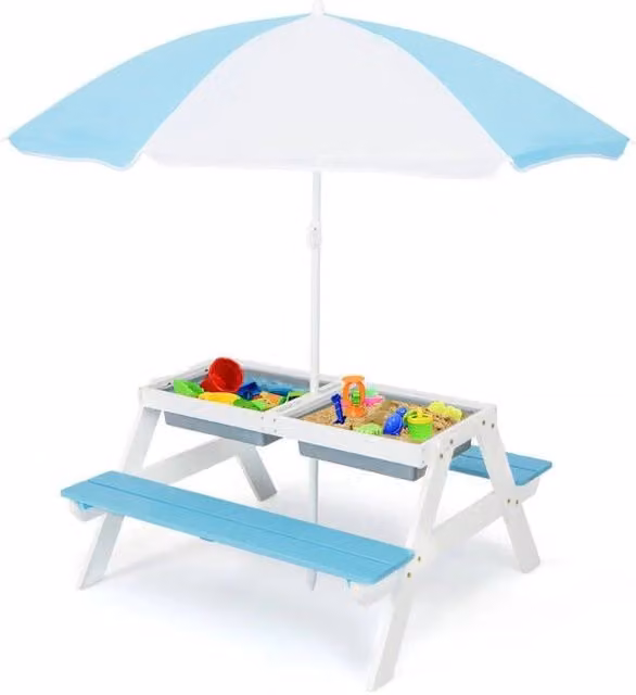 Tavolo picnic per bambini Play Wells in legno di abete con ombrellone rimovibile e regolabile, multicolore, ideale per giardino, terrazzo o cameretta