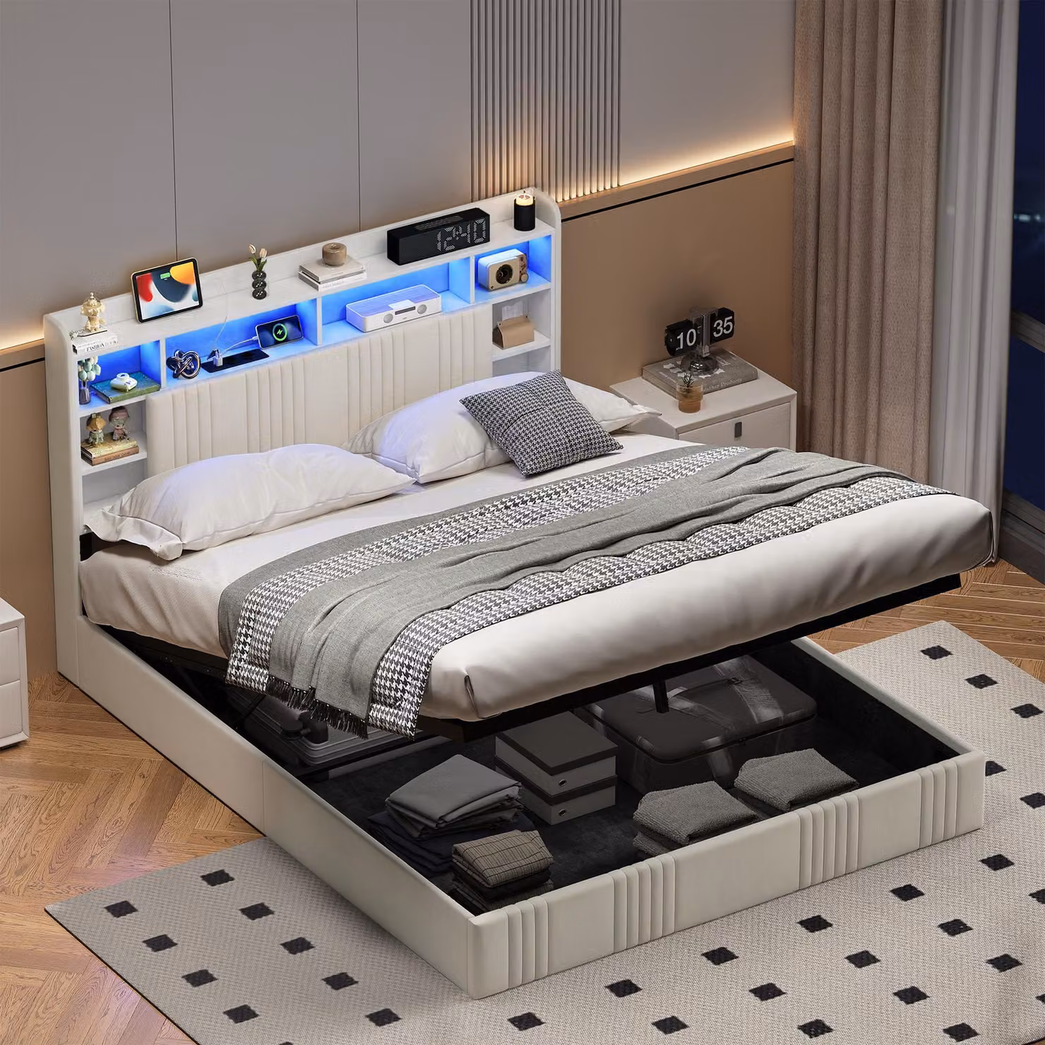 Letto contenitore ProximaX, dimensioni 160x200 cm, color beige, rivestito in lino, con sistema di sollevamento idraulico, illuminazione LED RGB, prese USB e ripiano integrato nella testiera