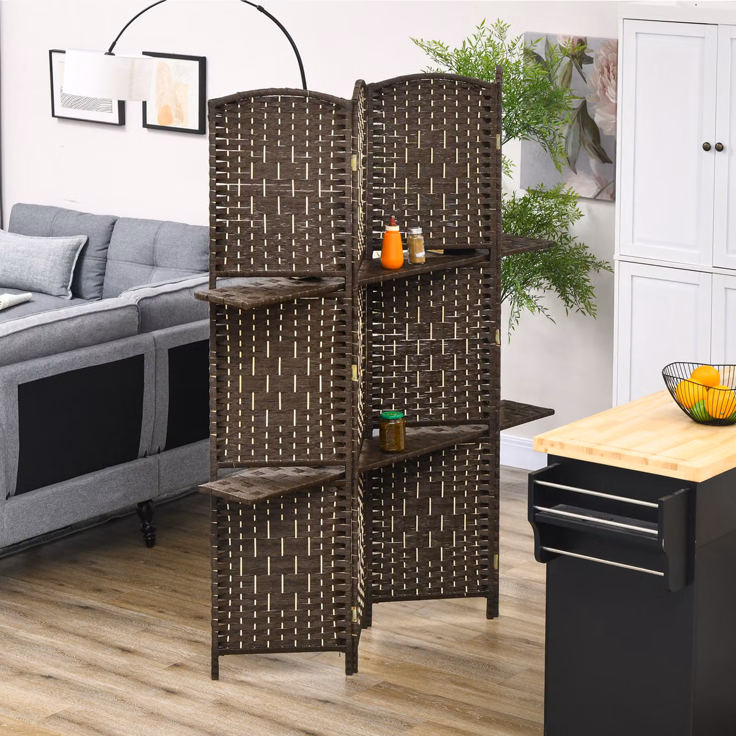 Paravento separatore di ambienti HOMCOM in legno di pino marrone con 4 pannelli e 2 mensole, design moderno geometrico, L: 160 cm, H: 170 cm – 2