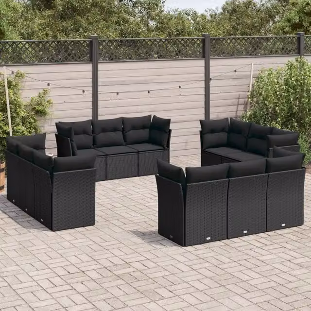 Set di divani da giardino VIDAXL a forma di U in polyrattan nero con cuscini, 12 posti – 1