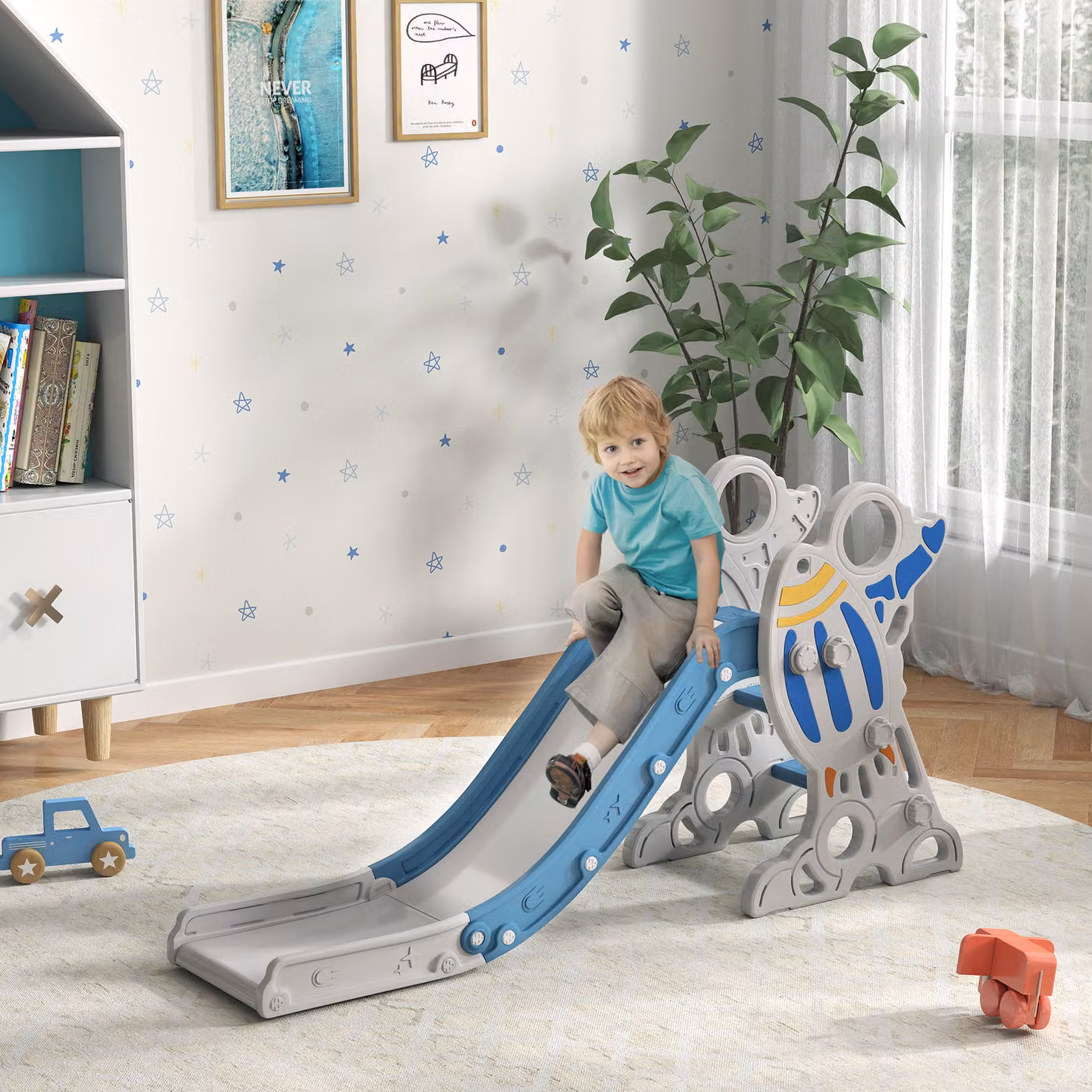 Scivolo per bambini AIYAPLAY a tema spaziale in plastica blu con scale antiscivolo, L 157 x P 46.5 x H 80 cm – 2