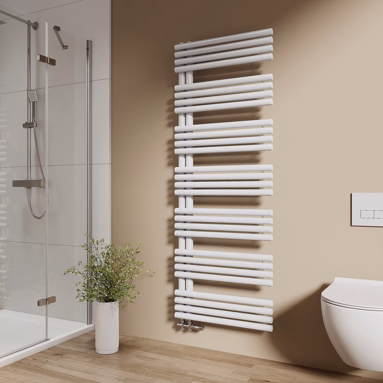 EMKE Radiatore da bagno con attacco laterale Tubo tondo Scaldasalviette 166 x 60 cm 1075 W bianco Scaldasalviette da bagno per funzionamento con acqua calda Montaggio a parete senza resistenza elettrica