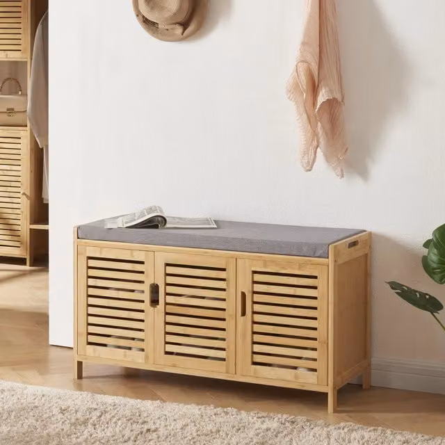 Panca Contenitore Porta Scarpe Selk en.casa in Bambù Naturale con Seduta Imbottita Beige o Grigia