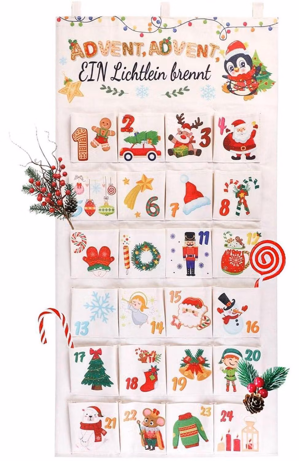 Calendario dell'Avvento da riempire, in tessuto, con 24 tasche, dimensioni 102x51 cm, colorato