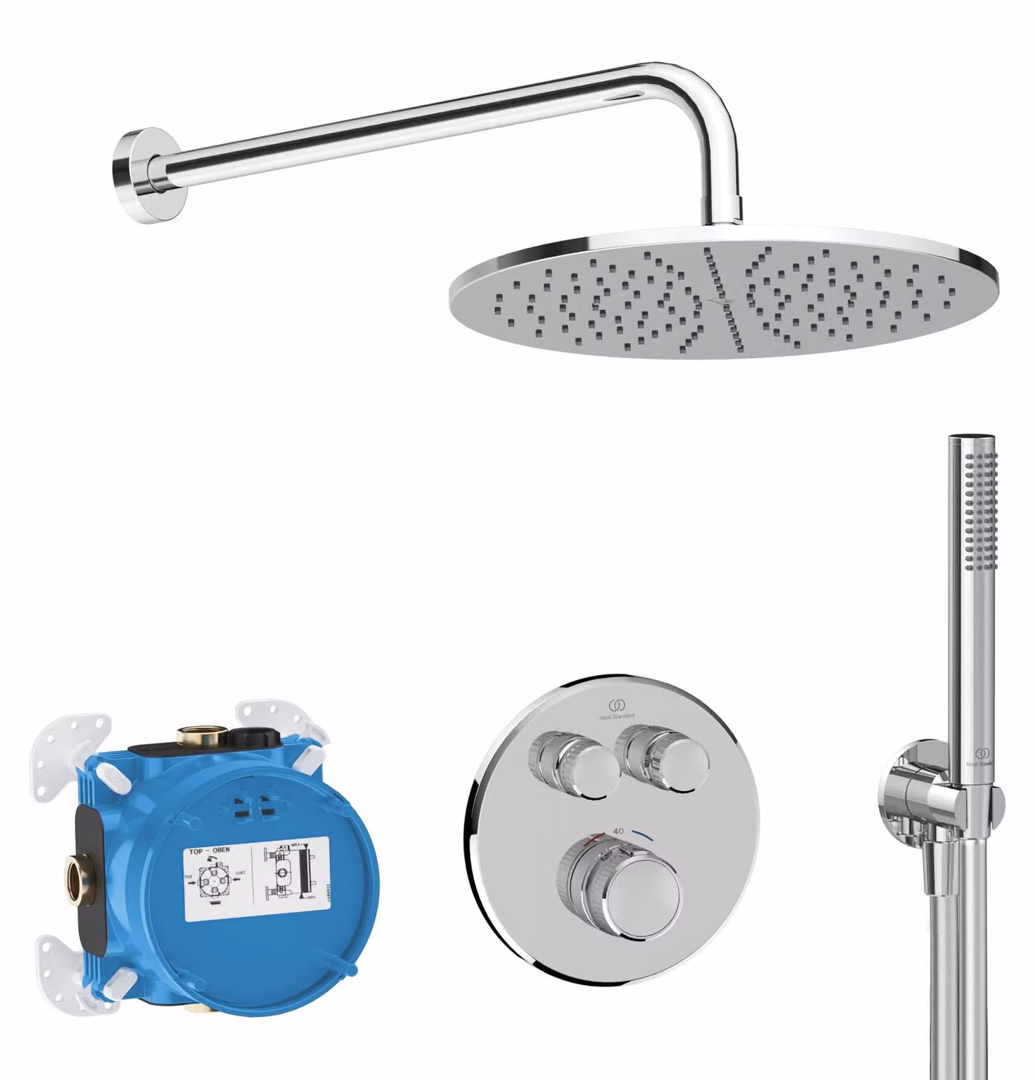 Set doccia, rotondo, cromato, composto da 6 pezzi, con termostato, soffione da 30 cm