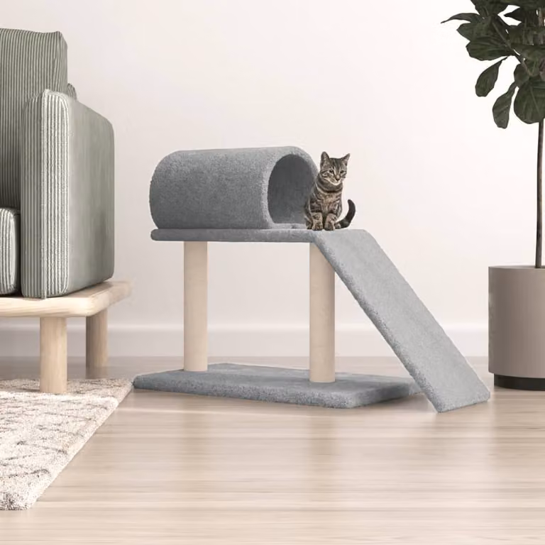 vidaXL Tiragraffi per Gatti con Tunnel, Scaletta e Giocattoli Integrati, Grigio Chiaro, Altezza: 55,5 cm