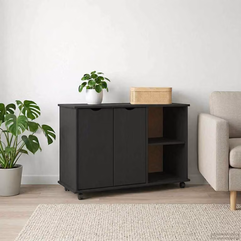 Carrello mobile con ruote vidaXL in legno di pino massello nero L 100 cm x P 39 cm x H 65,5 cm