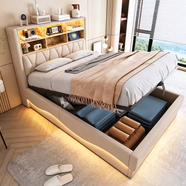 Letto imbottito contenitore con LED ¨C Minimal ¨C Beige tessuto struttura metallo 140x200 cm