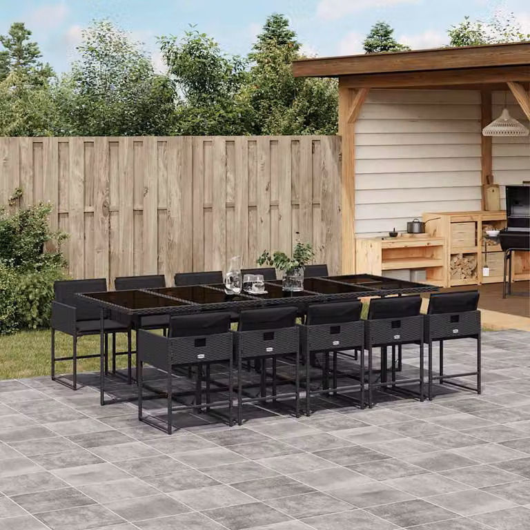 vidaXL Set da Pranzo da Giardino 11 pz in Polyrattan Nero con Cuscini e Tavolo in Vetro