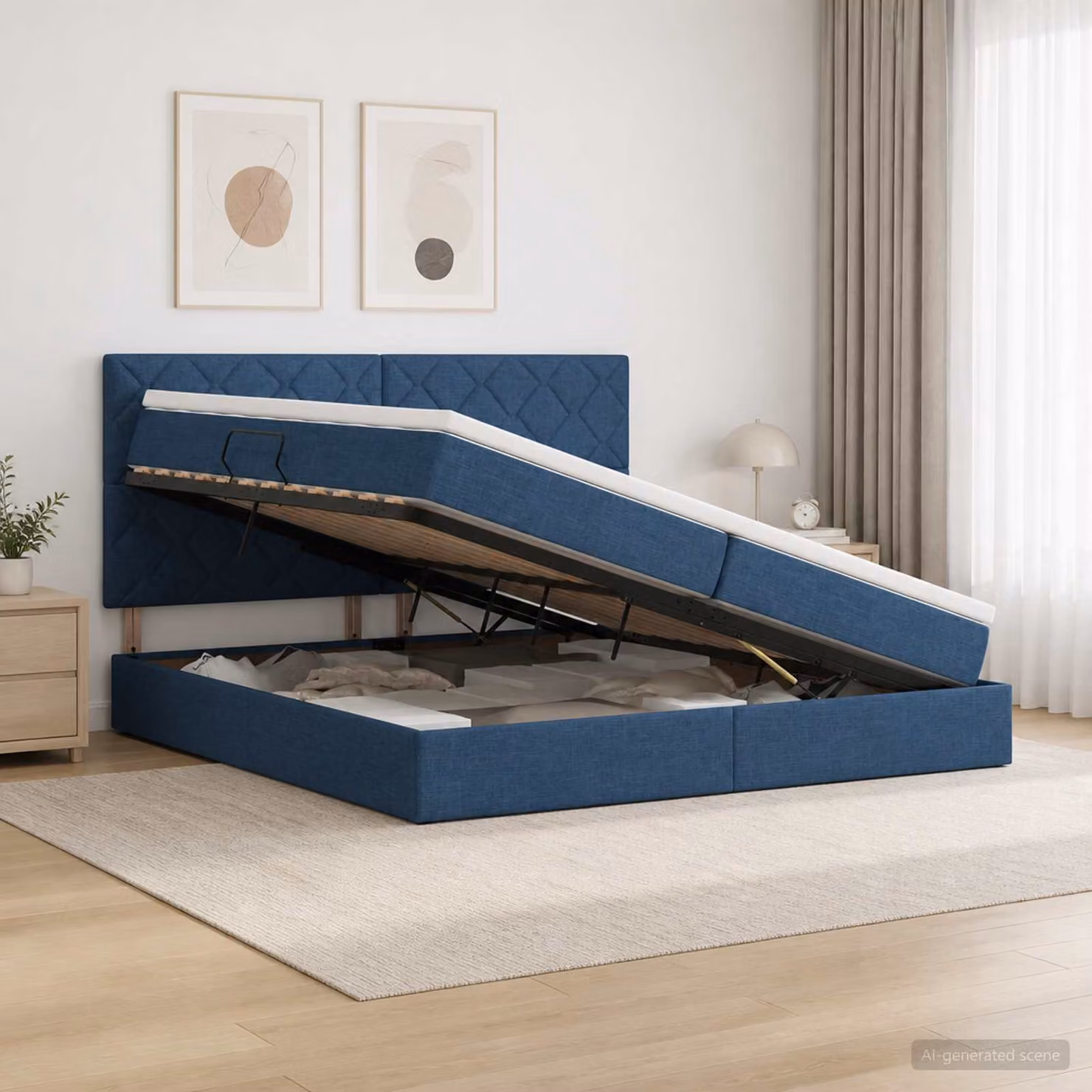 Letto con contenitore e materasso vidaXL in tessuto blu, L/P/H: 200 x 200 x 140 cm