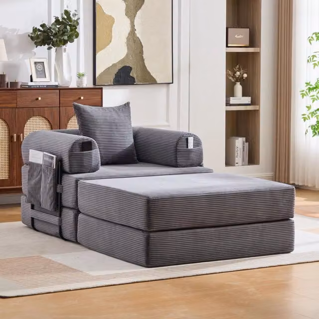 Divano modulare 112x190x67 cm grigio scuro, poggiapiedi e tasca laterale, velluto a coste