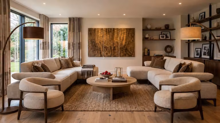 Divano beige per soggiorno, set di mobili in stile moderno: divano ad angolo a forma di L, 2 poltrone, set da 4 pezzi