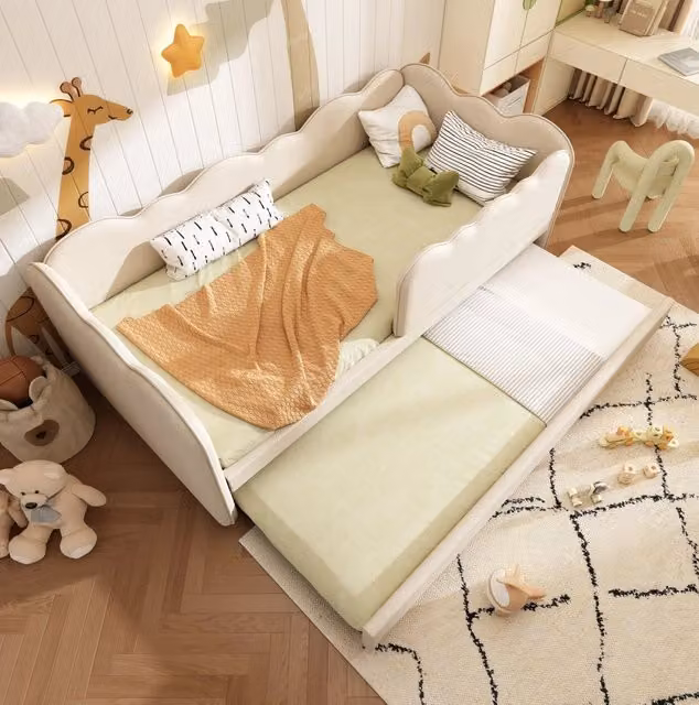Letto da giorno 90x190 cm con letto estraibile, rivestito in lino beige