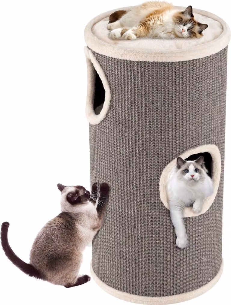 COSTWAY tiragraffi Ø36x70cm, botte per gatti con tiragraffi in sisal, 3 grotte per gatti, letto in peluche e bordo in peluche, tiragraffi a 4 livelli per gatti fino a 15kg grigio