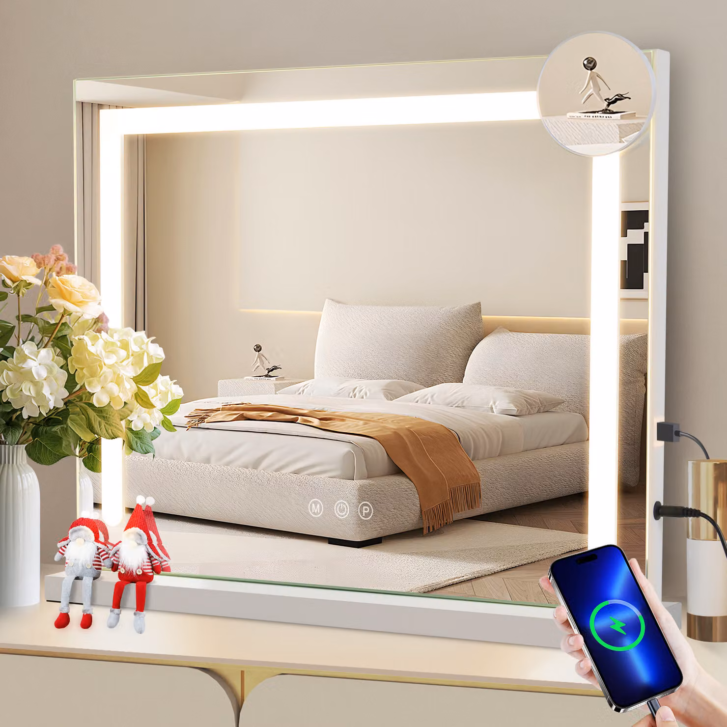 Specchio da trucco ZMH con luci LED regolabili, dimensioni 50x42 cm, 3 modalità di illuminazione a colori, ingrandimento 5x, porta USB, ideale per camera da letto e cabina armadio
