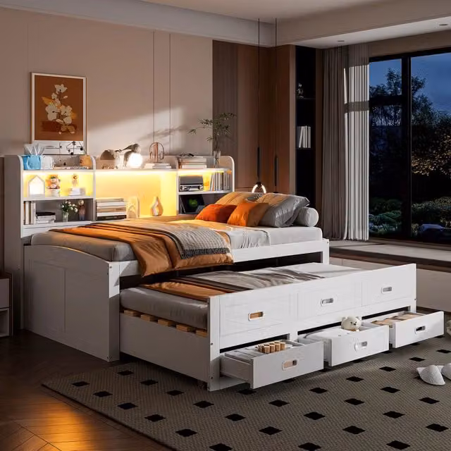 Letto Mivray con letto estraibile, illuminazione LED, porte USB e Type-C, vano comodino e 3 cassetti, colore bianco, L/P/H: 90 x 200 x 115 cm