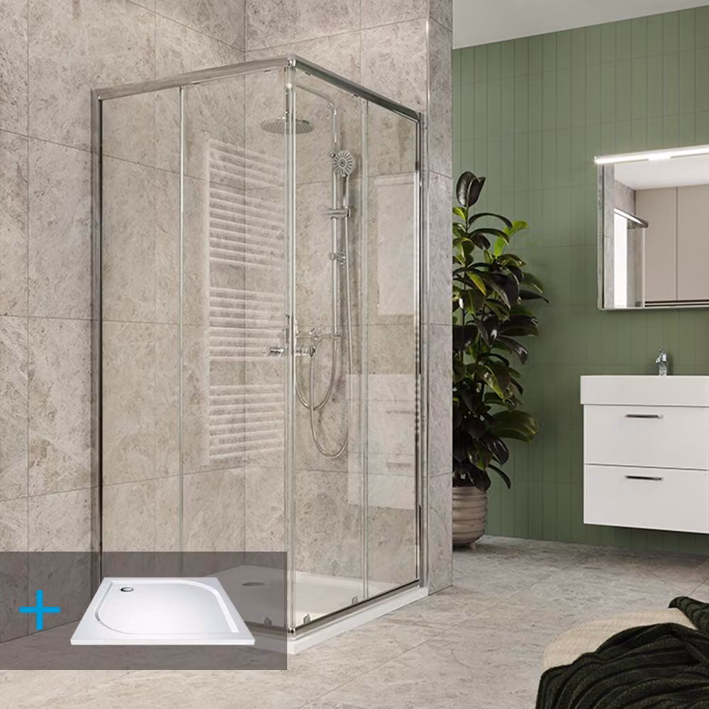 Set doccia Mereo Kora Lite: cabina doccia 90x90x185cm, cromo ALU, vetro trasparente, 90 cm, piatto, sifone - CK34123ZM