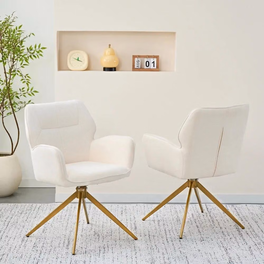 Set di 2 sedie da pranzo imbottite in velluto - Sedie da pranzo con braccioli - Girevoli - Imbottite - Gambe in metallo - Stile moderno e minimalista - Bianco crema