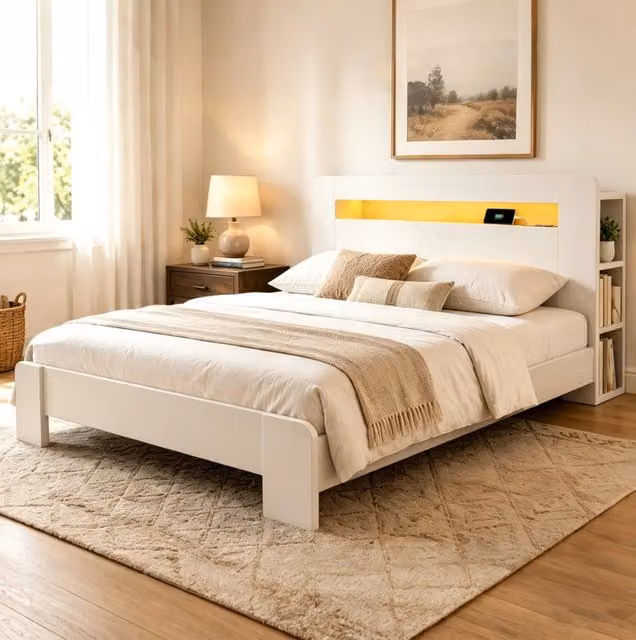Letto in legno 140x200 cm bianco con testiera, LED e prese