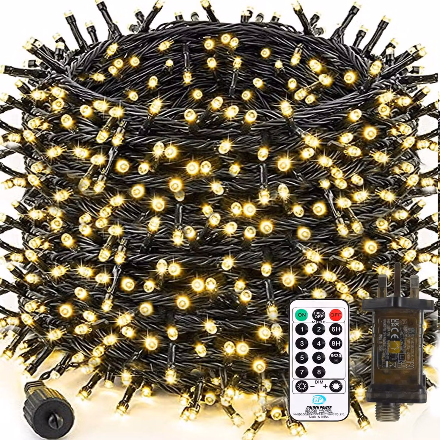 Catena luminosa a LED, lunghezza 105 metri, 1000 LED bianco caldo, grado di protezione IP65, con telecomando e timer