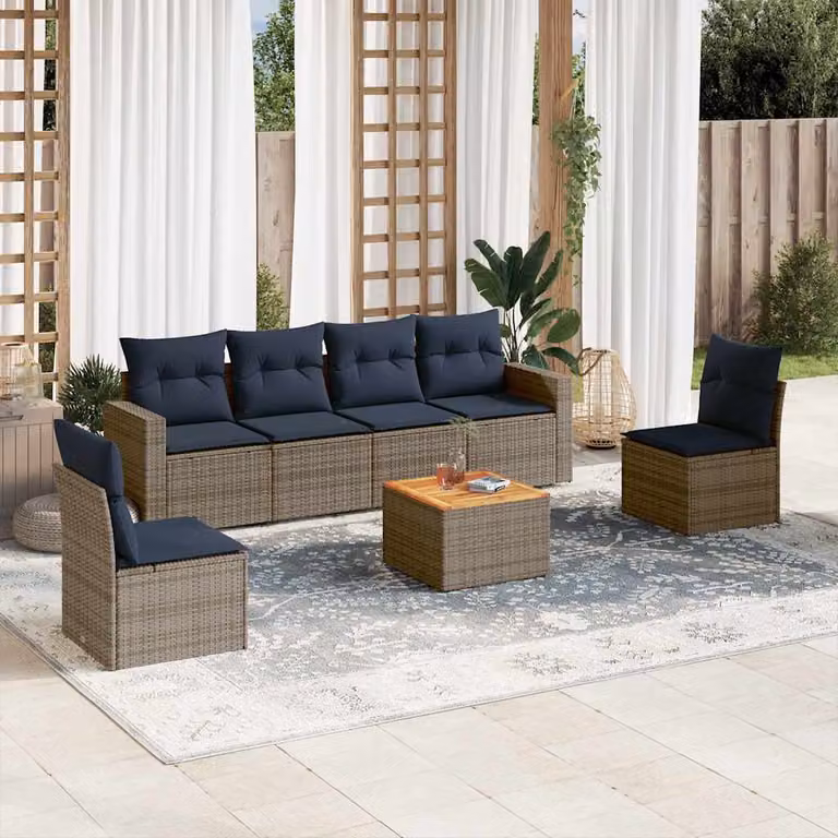 Set di divani da giardino vidaXL in 7 pezzi in polyrattan con cuscini grigi e blu per esterno