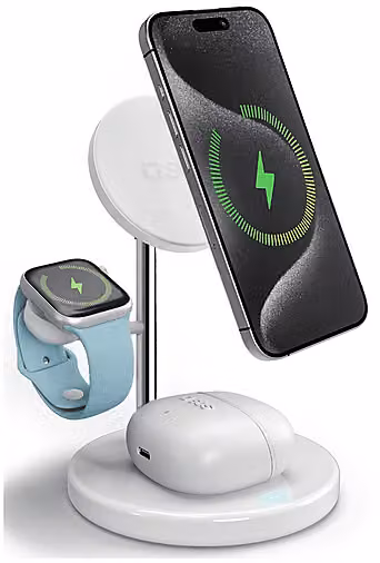 Stazione di ricarica wireless 3 in 1 SBS con tecnologia Qi2 e MagSafe per smartphone, Apple Watch e auricolari, Bianco