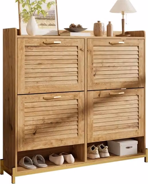 Mobile scarpiera moderno con ante a doghe in legno ¨C mobile da ingresso con 4 ante, struttura in metallo e ripiano ¨C organizer salvaspazio per