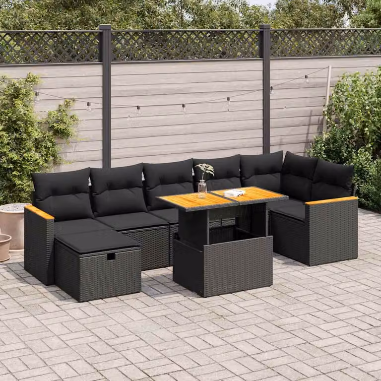 Set Divani da Giardino vidaXL 5 Pezzi a Forma di L con Cuscini e Tavolino, Colore Nero