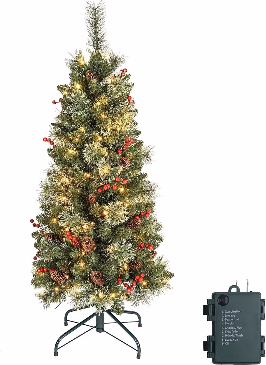 Albero di Natale artificiale, illuminato a LED, slanciato e folto, verde, altezza 120 cm