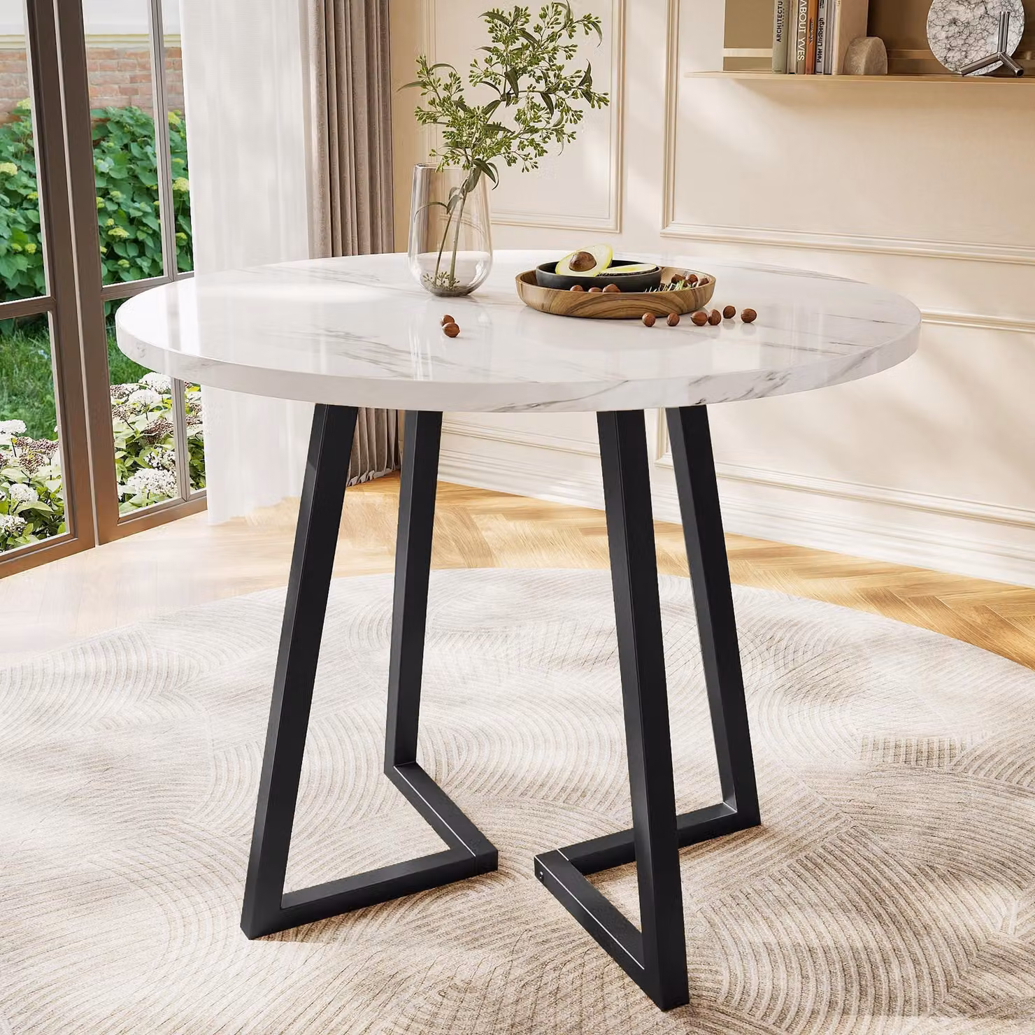 Tavolo rotondo, diametro 80 cm, aspetto marmo con gambe dorate