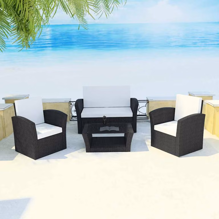 Set di Divani da Giardino vidaXL 4 Pezzi con Cuscini e Tavolino, Struttura in Metallo e Polyrattan Nero e Bianco