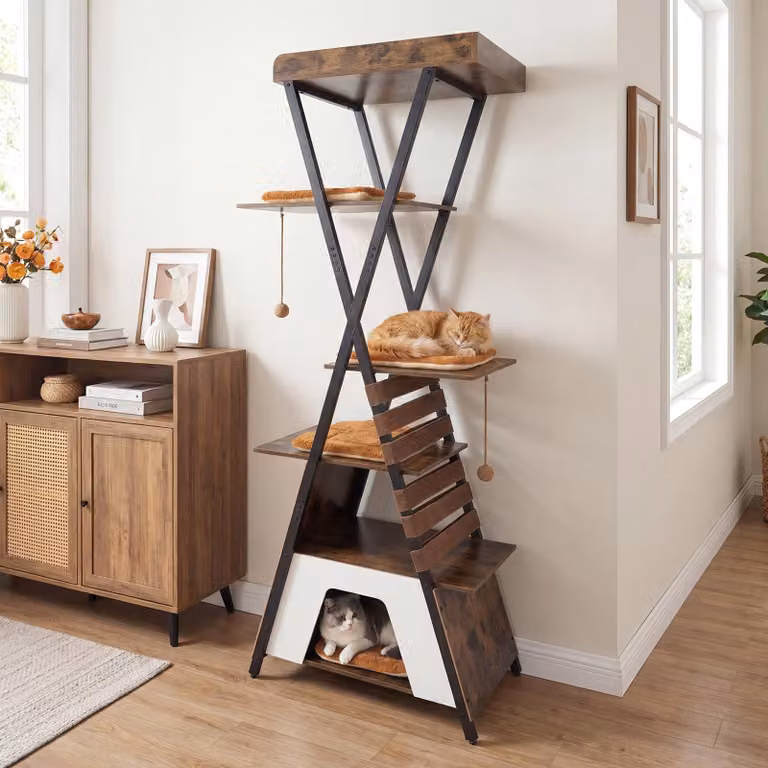Tiragraffi COSTWAY, tiragraffi per gatti da 185 cm con 4 piattaforme, cuccia, pannello per graffiare, palline e tappetini rimovibili, casetta per gatti, tiragraffi per gatti in marrone rustico