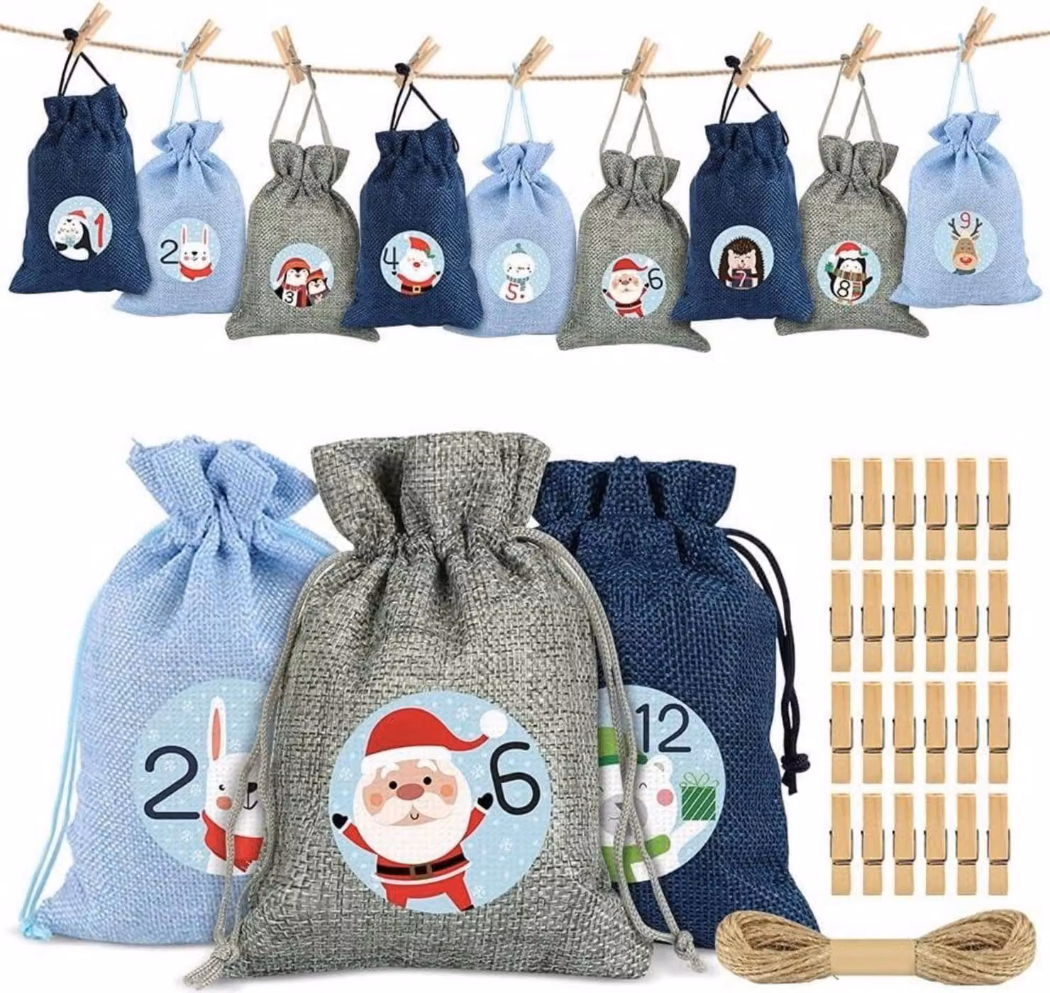 Calendario dell'Avvento da riempire 24 sacchetti di stoffa Set calendario di Natale blu