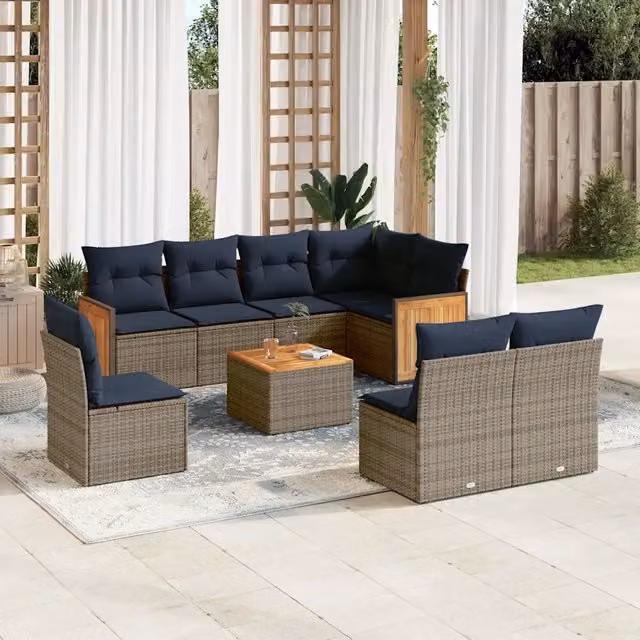 Set Divani da Giardino 9 pz con Cuscini Grigio in Polyrattan 3227734