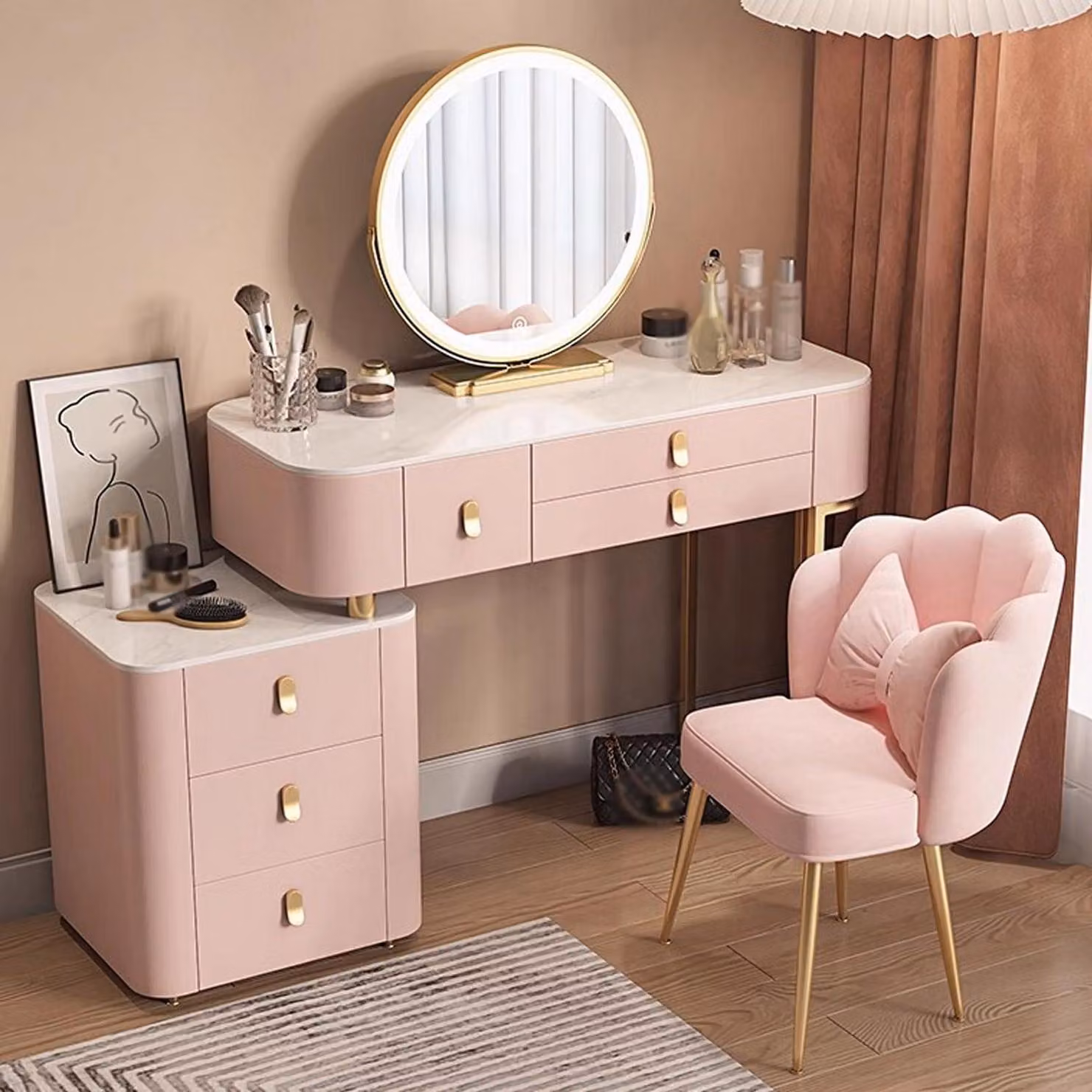Comò da trucco con specchio a LED e poltrona in velluto, 6 cassetti, piano in pietra, colore rosa, dimensioni 100 cm