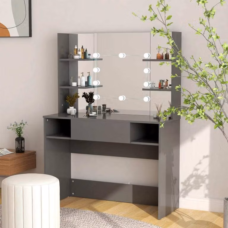 The Living Store Comodino con illuminazione LED 100x40x135 cm MDF Grigio