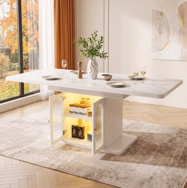 Tavolo da pranzo allungabile 150/200x80 cm in MDF bianco con LED e contenitore