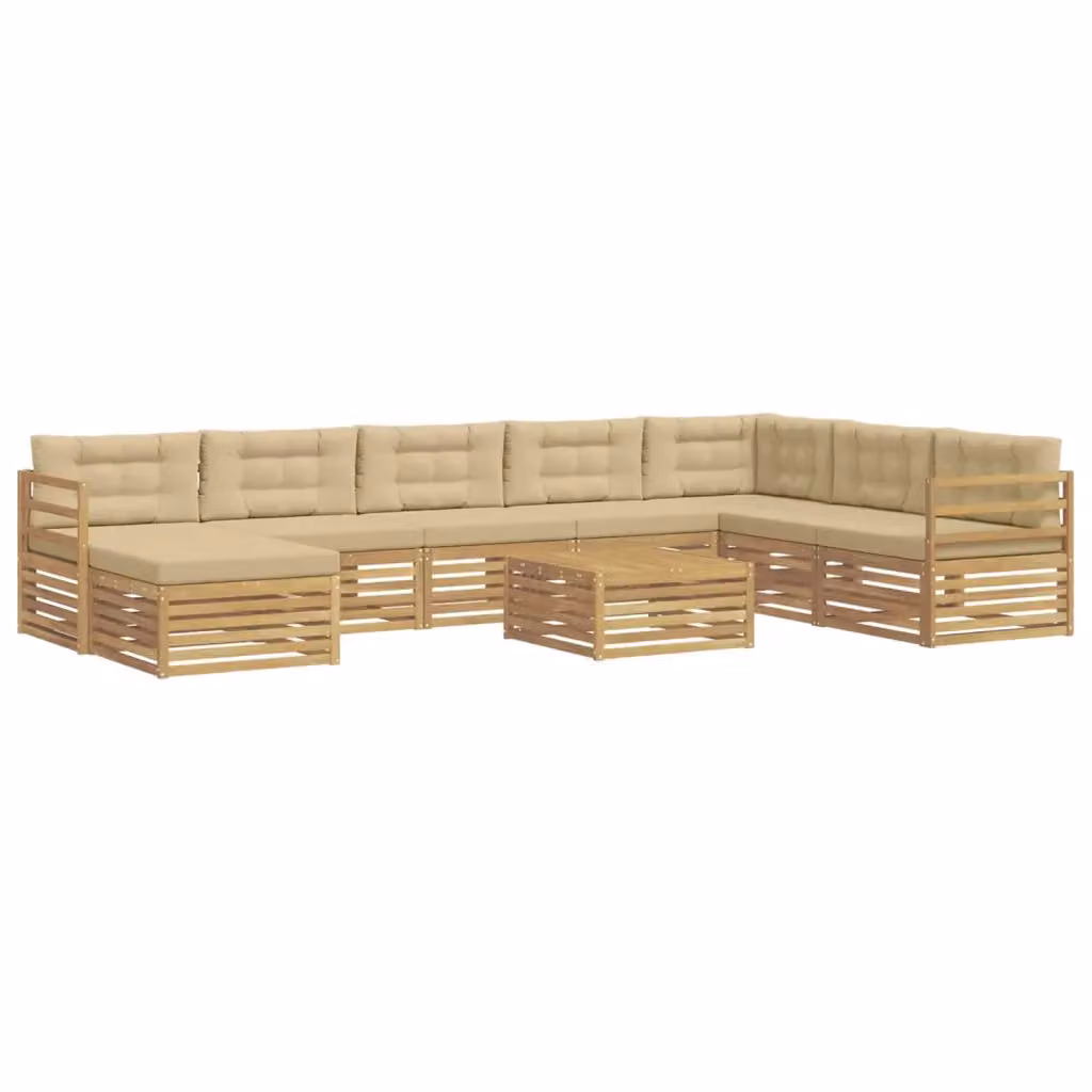 Set di divani da esterno vidaXL in legno di acacia con cuscini, 9 pezzi, Bianco, Beige e Marrone – 2
