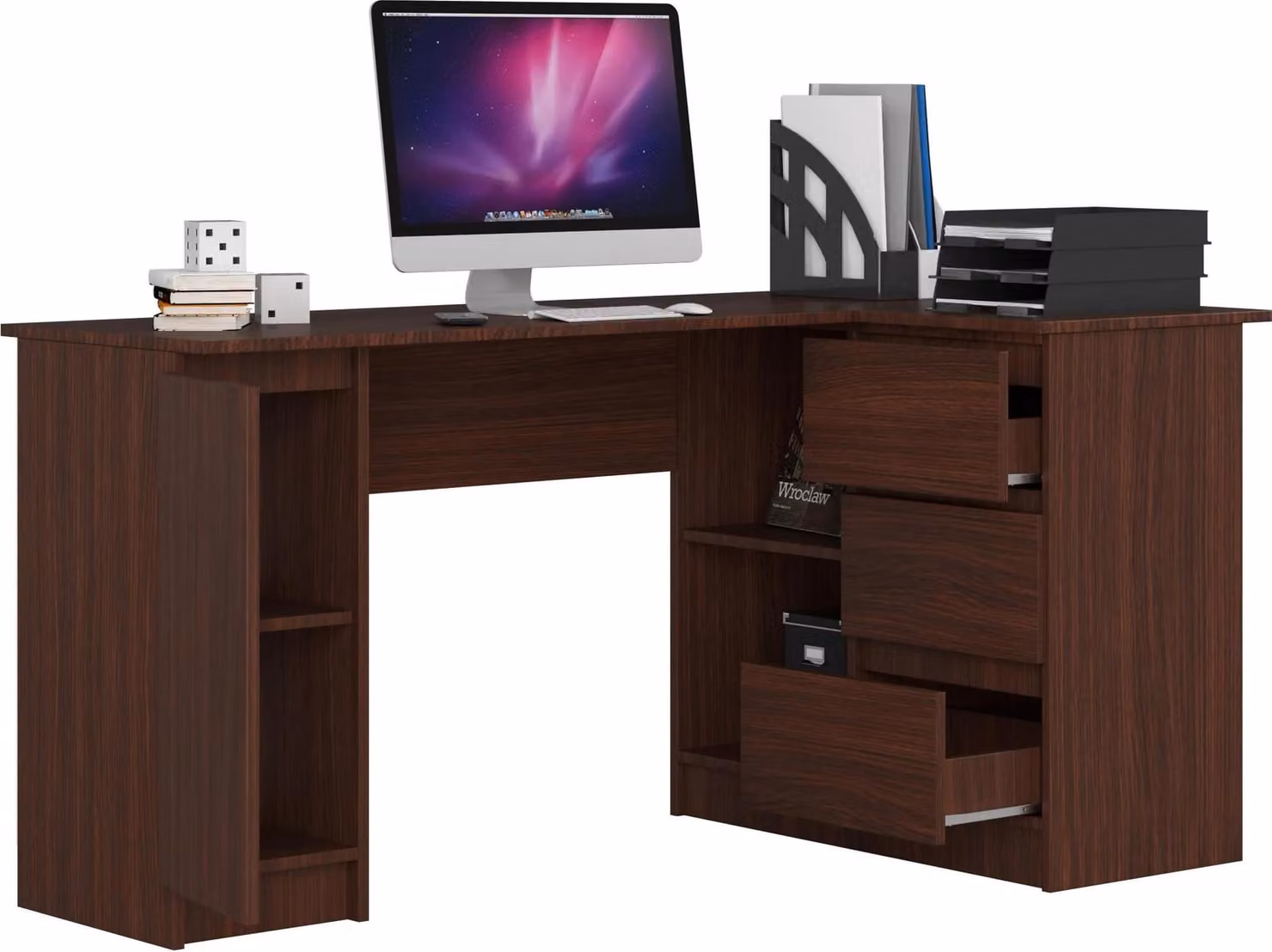 Akord Scrivania Angolare Con 3 Cassetti E 1 Anta Wengé 155X85X77 Cm