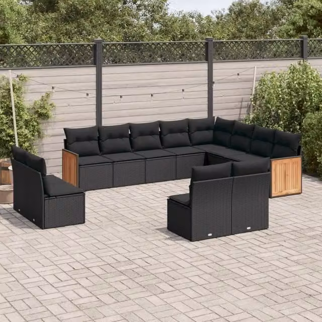 Set di Divani da Giardino a Forma di U vidaXL in Polyrattan Nero con Cuscini Inclusi