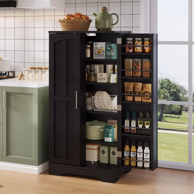 MODFU mobile da cucina con luce sensore a LED ricaricabile e ante con motivo a onde 3D, mobile buffet con protezione antiribaltamento con maniglie in metallo, nero