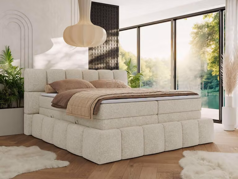 Letto MKS MEBLE a molle insacchettate 200 x 200 con rete NIRA KING, letto imbottito 7 zone con materasso multitasche e topper, letto matrimoniale - struttura crema - H3